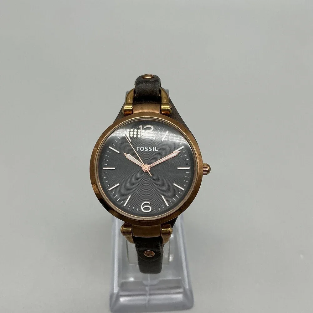 Fossil Georgia ES3077 Womens Watch 32mm Brown Leather Rose Gold Tone New Battery